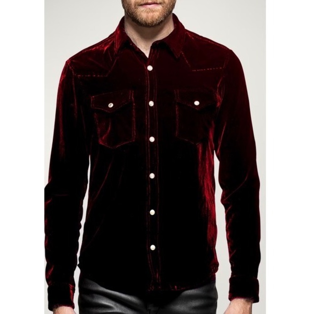 Monfrere Mens Silk Blend Shirt Burgundy Velvet Eastwood Western Snap Front M